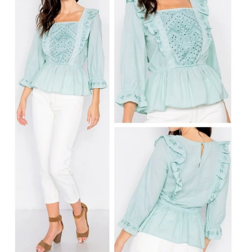 Mint Eyelet embroidered ruffle peplum top - Picture 3 of 6